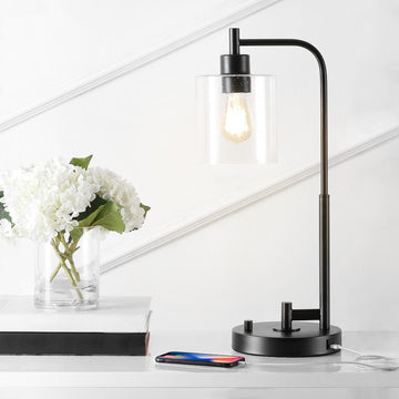 Axel Modern 23" Iron/Seeded Glass Farmhouse Industrial USB Charging LED Task Lamp - JONATHAN Y